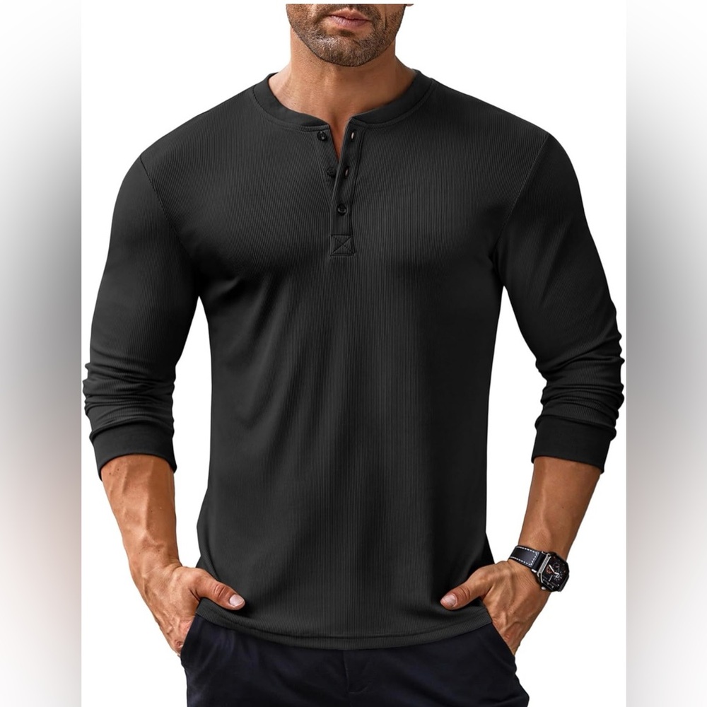 Men's Black Long-Sleeve Henley Shirt - Classic Casual